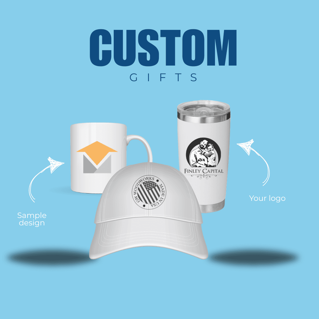 Custom branded gifts including hats, mugs, and tumblers with your logo